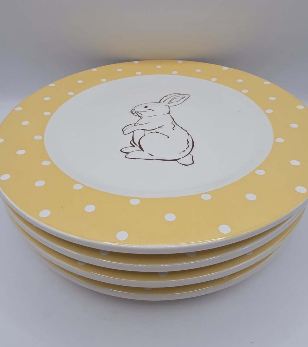4 Blossoms & Blooms 7" Yellow Plates Bunny Rabbit Polka Dot Easter